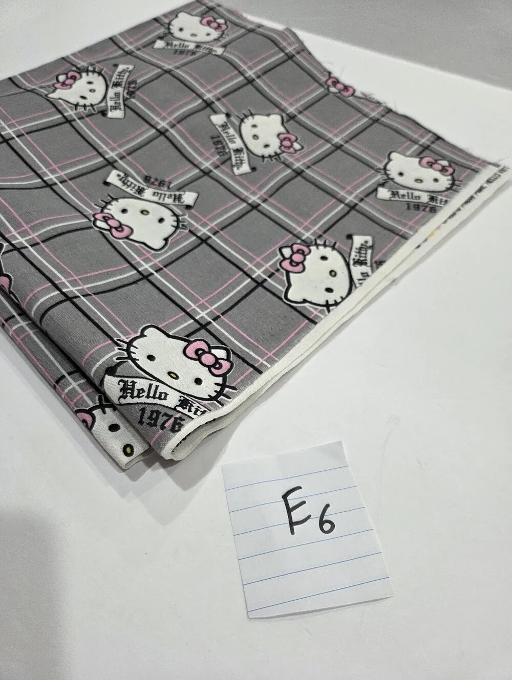 Sanrio Hello Kitty Plaid Print Cotton Fabric - Gray & Pink 46×42in.